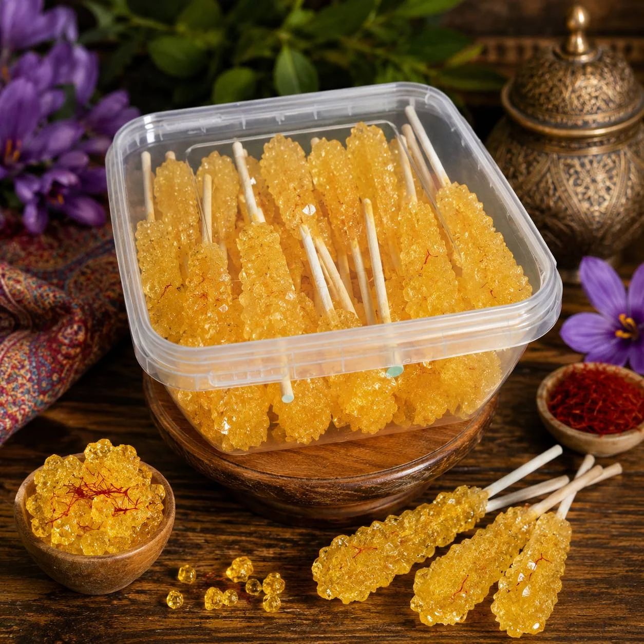 خرید نبات زعفرانی نی دار پر زعفران 500 گرمی ماه باجی